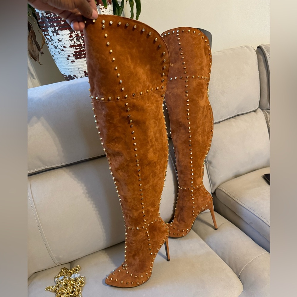 Brown Suede Over-the-Knee Boots with Studs